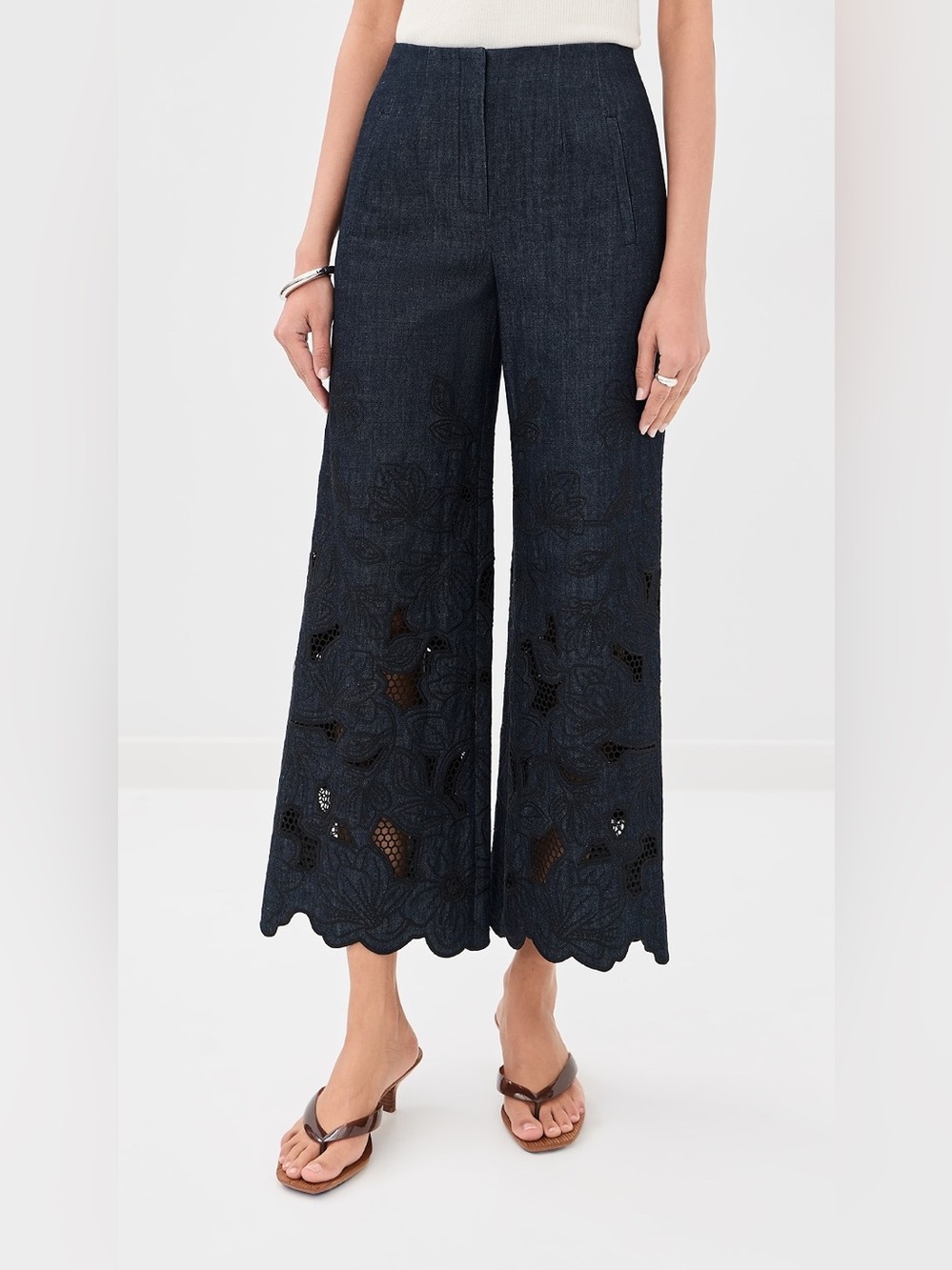 Veronica Beard Osborn Wide-Leg Embroidered Pants in Indigo Rinse, Size 6